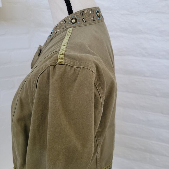 Womens Jacket Blazer Coat Small Army Green Boho Beaded Button Cotton Utility - Picture 7 of 9